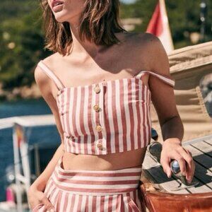 Sezane Blue and Red Striped Cropped Blouse